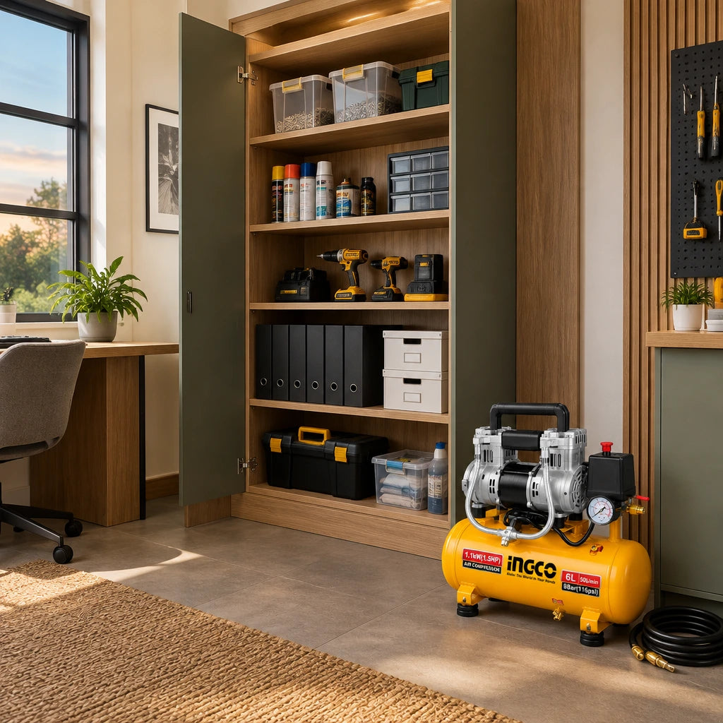 Completed built-in storage cabinet with neatly finished trim and the inactive Ingco ACS111062 compressor nearby