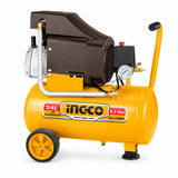 Ingco 24L oil-lubricated direct-drive air compressor with yellow tank, wheels, handle, pressure gauge and regulator on a white background.