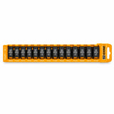 Ingco HKISSD12146 14-piece 1/2-inch metric Cr-Mo impact socket set on orange hanger rail