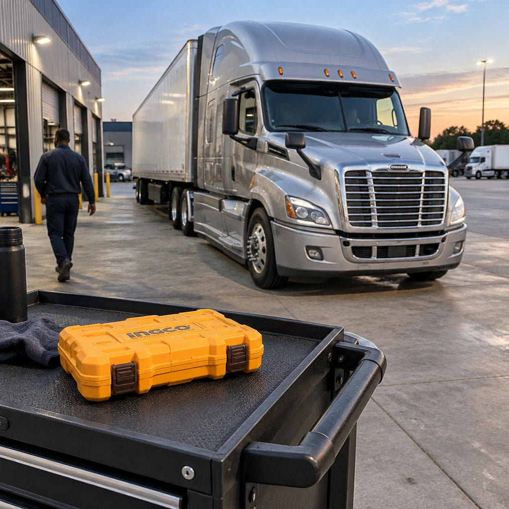 Serviced commercial truck ready for dispatch with the closed Ingco impact socket set resting on a nearby service cart.