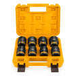 Ingco HKISSD34081 eight-piece 3/4-inch impact socket set displayed in its orange storage case on white.