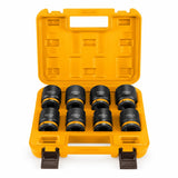 Ingco HKISSD34081 eight-piece 3/4-inch impact socket set displayed in its orange storage case on white.