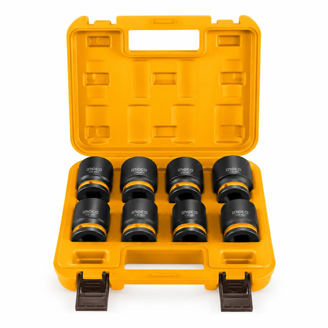 Ingco HKISSD34081 eight-piece 3/4-inch impact socket set displayed in its orange storage case on white.