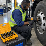 Technician uses an Ingco 3/4-inch impact socket on a large commercial-truck wheel fastener in a professional service bay.