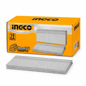 Ingco ANA18501 orange box of 5,000 50 mm 18-gauge brad nails on a white background