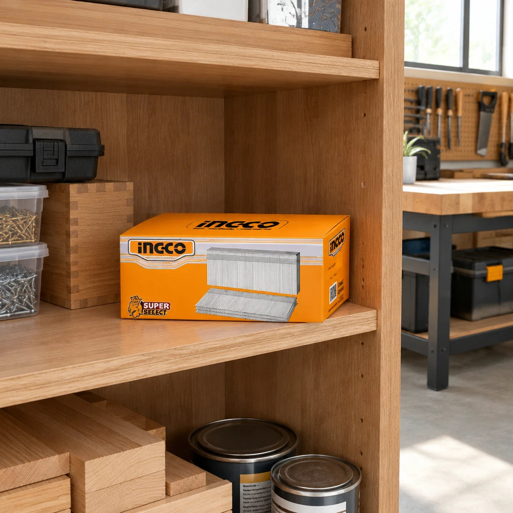 Boxed Ingco ANA18501 50 mm brad nail supply stored on an organised joinery workshop shelf