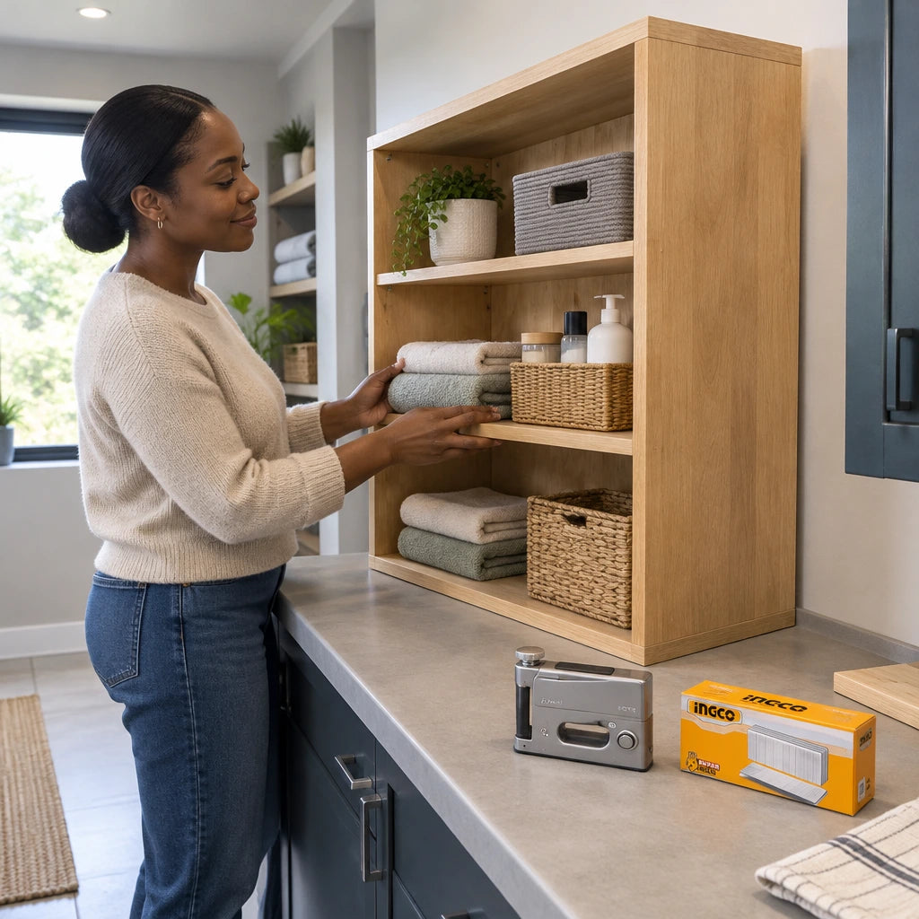 Finished wooden storage cabinet in a refined utility room with Ingco AST18251 staples and stapler nearby