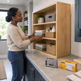 Finished wooden storage cabinet in a refined utility room with Ingco AST18251 staples and stapler nearby