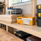 Ingco 25 mm crown staple box stored on an organised woodworking studio shelf
