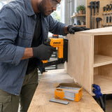 Joiner uses a compatible Ingco stapler with AST18251 25 mm crown staples on a wooden cabinet panel