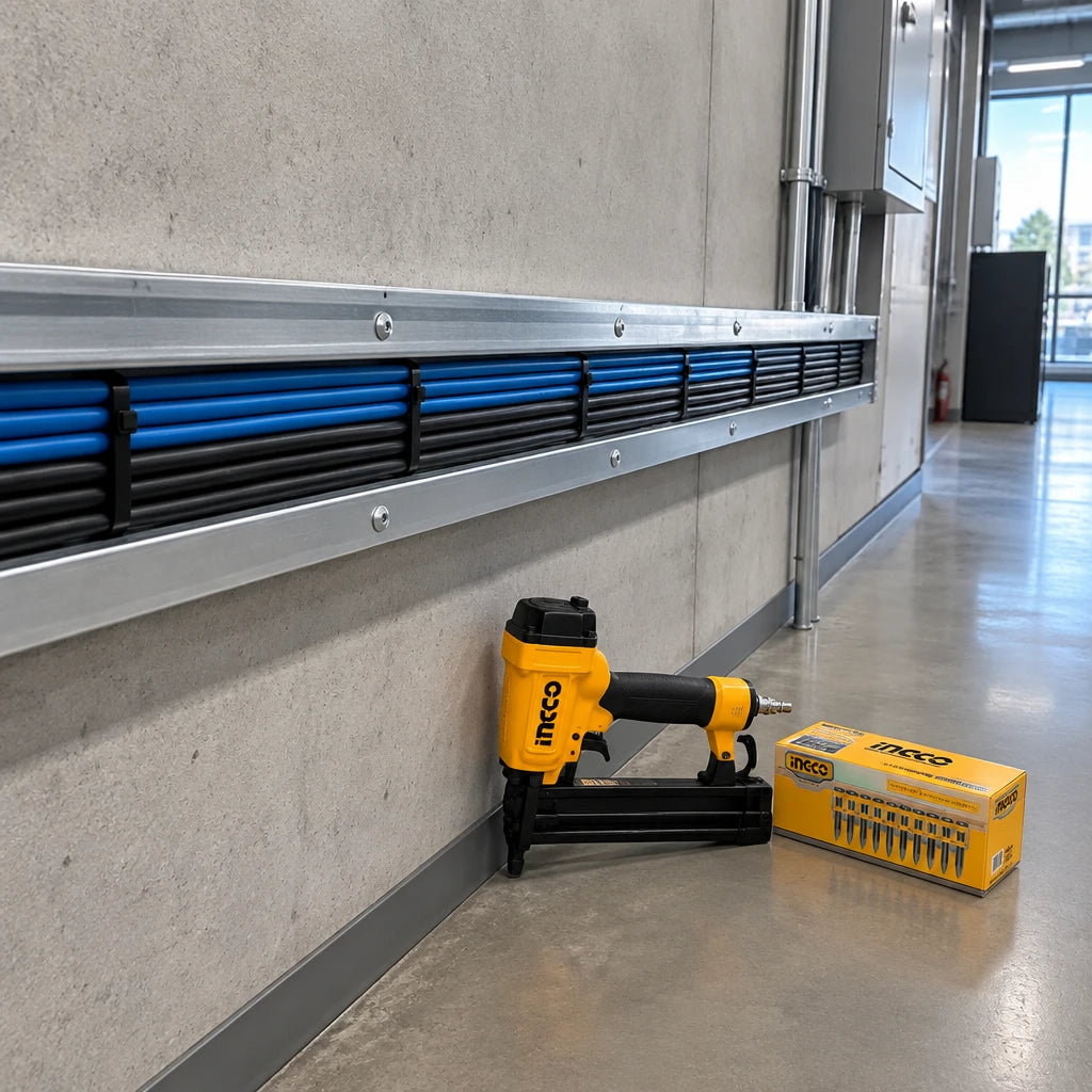 Finished metal service channel fixed to a concrete utility wall with an Ingco ANA02381 nail refill nearby