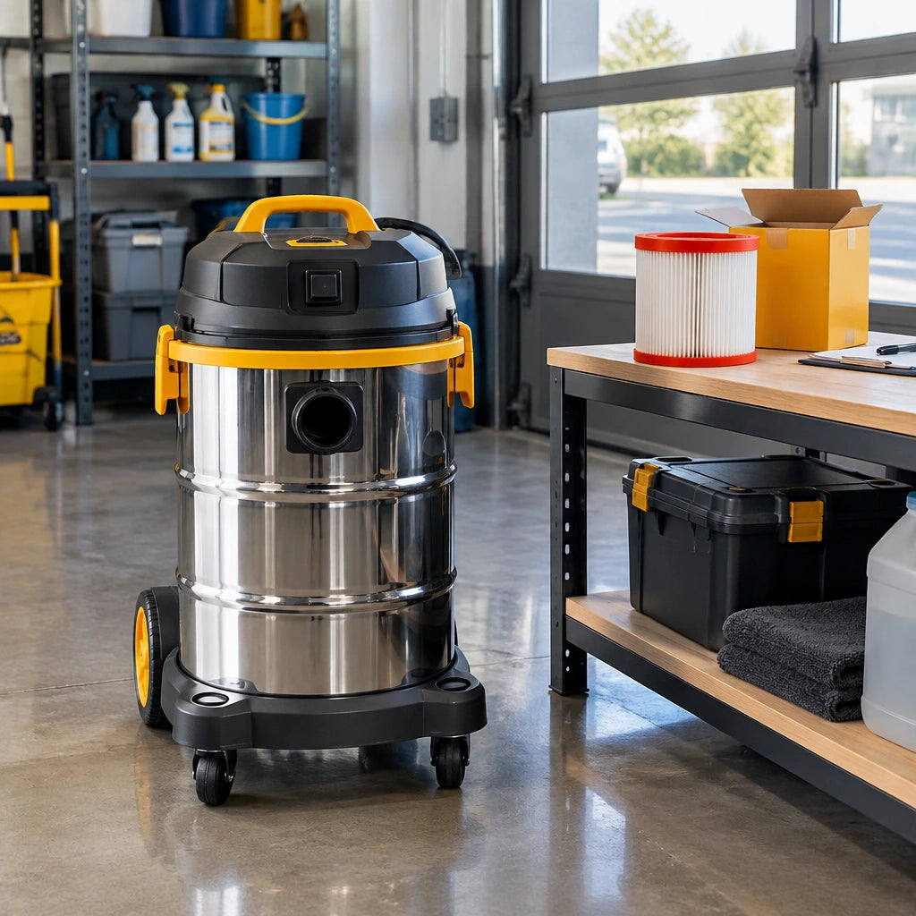 Serviced Ingco 75L vacuum cleaner ready for work with replacement F8 filter packaging organised nearby