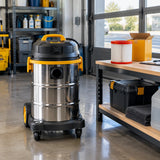 Serviced Ingco 75L vacuum cleaner ready for work with replacement F8 filter packaging organised nearby