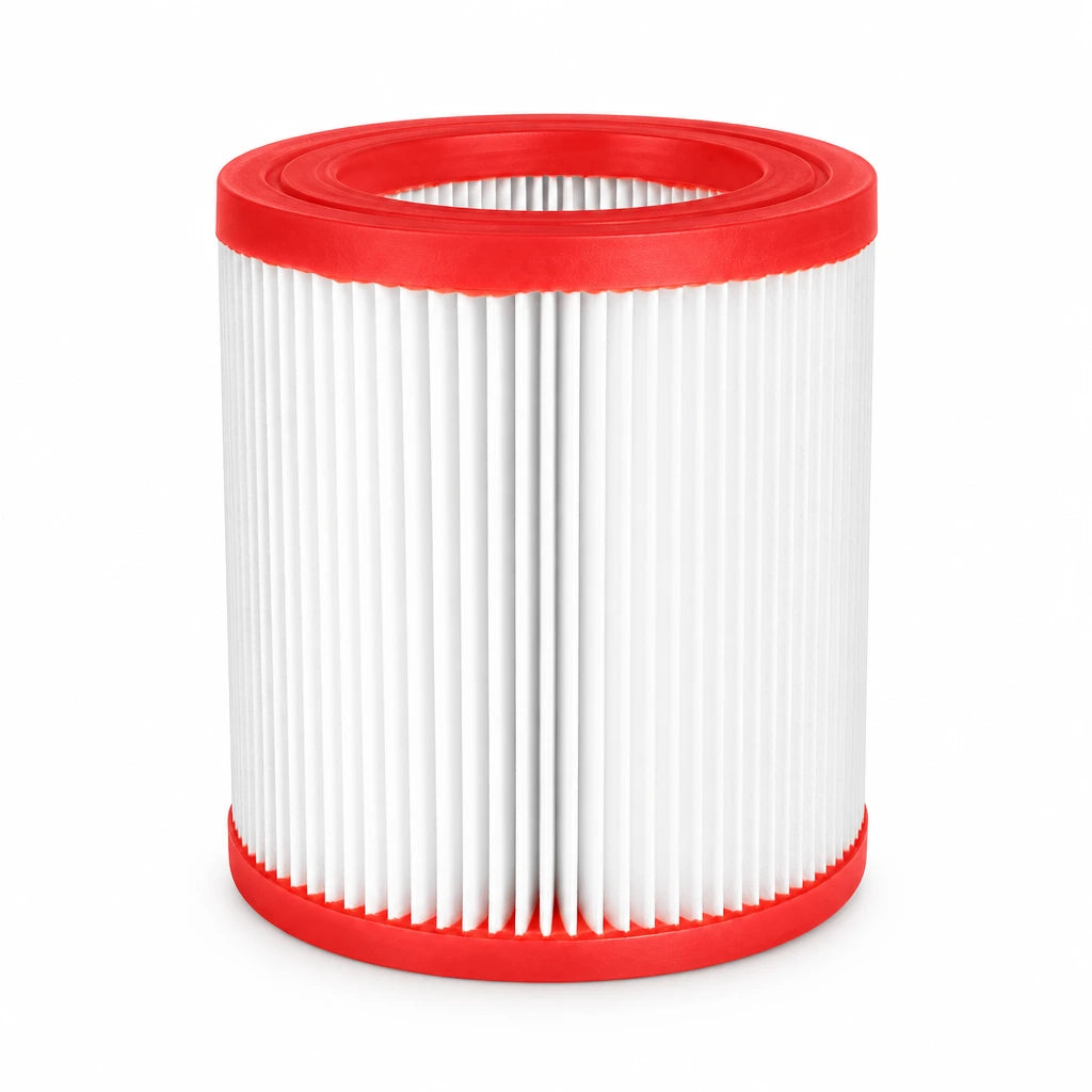 Ingco F8 VCAIHP03 cylindrical pleated replacement filter with red rims on white background