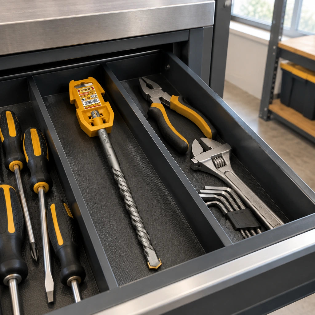 Ingco SDS Plus masonry drill bit stored in its yellow holder inside an organised maintenance tool drawer