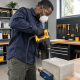 Facilities technician drills a marked concrete hole with an Ingco SDS Plus masonry bit in a rotary hammer