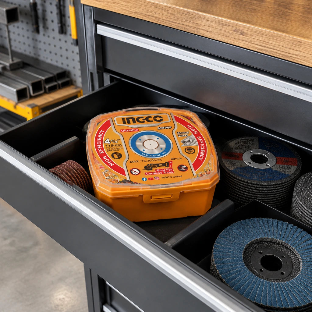 Ingco ultra-thin 115mm metal cutting disc pack stored in an organised fabrication workshop drawer.