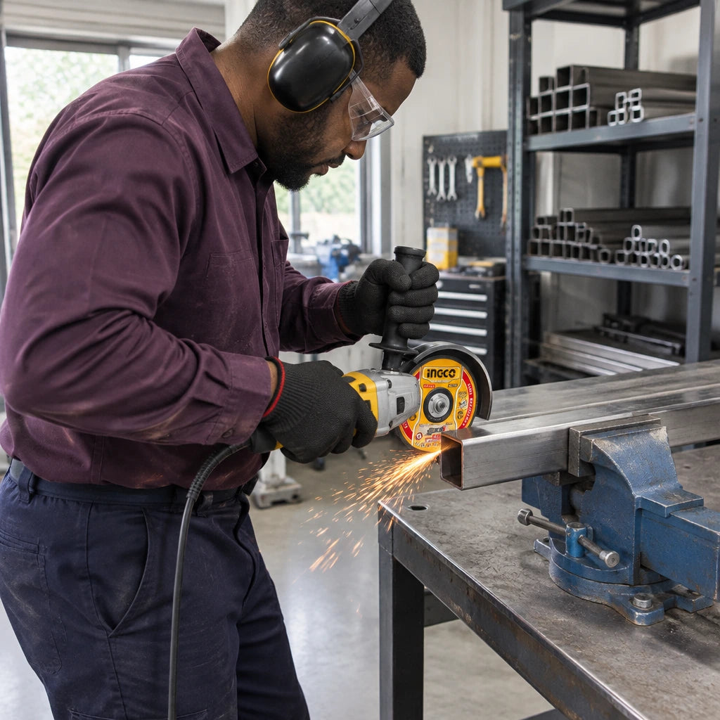 African American metal-fabrication technician using an Ingco 115mm cutting disc on a secured stainless-steel tube in a workshop.