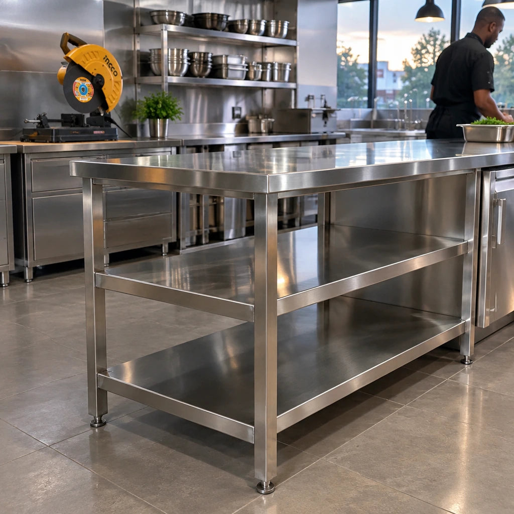 Completed stainless-steel counter support frame in a commercial kitchen installation area with an Ingco cutting disc and compatible saw nearby
