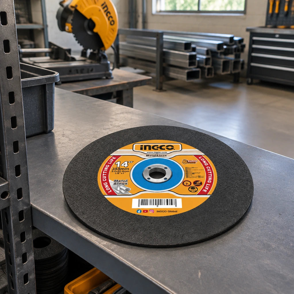 Ingco 355mm abrasive cutting disc stored flat on a clean shelf in a professional metal fabrication workshop