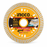 Ingco 115mm ultra-thin wet diamond cutting disc with 22.2mm bore and orange branded label on white background