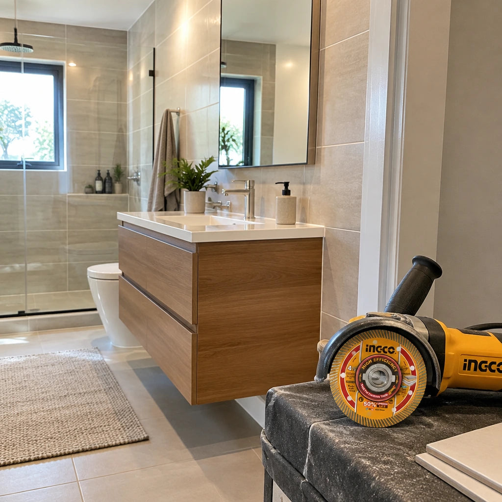 Finished contemporary bathroom with clean ceramic tilework and an Ingco diamond cutting disc resting nearby