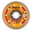 Ingco 115mm flanged ultra-thin diamond cutting disc with orange face and central mounting flange on white background