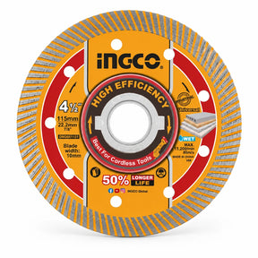 Ingco 115mm flanged ultra-thin diamond cutting disc with orange face and central mounting flange on white background