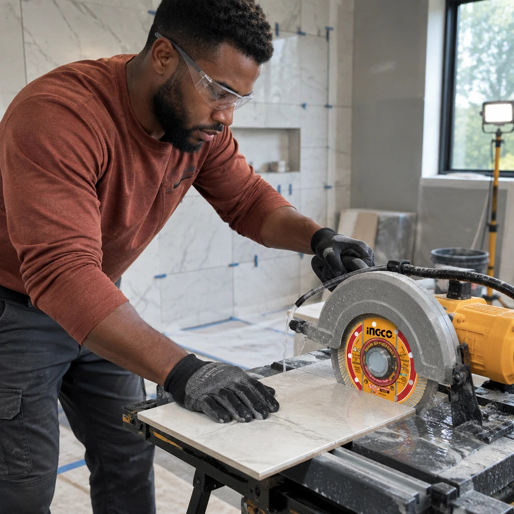 African American tile installer using an Ingco flanged diamond disc to wet-cut ceramic tile during a bathroom renovation