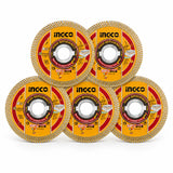 Ingco DMD051158 five-piece 115mm flanged diamond cutting disc set with orange branded discs and segmented rims