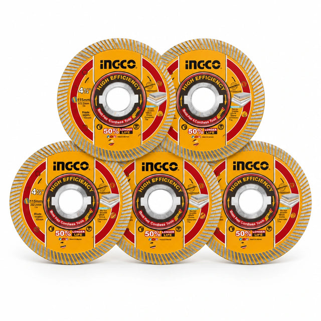 Ingco DMD051158 five-piece 115mm flanged diamond cutting disc set with orange branded discs and segmented rims
