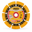 Ingco 125mm laser-welded segmented diamond cutting disc with orange rim and 22.2mm bore on a white background.