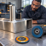 Prepared stainless-steel component ready for finishing beside an inactive angle grinder fitted with an Ingco FDZ1151 flap disc