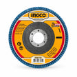 Ingco FDZ1151 115mm P40 blue zirconium flap disc with central mounting bore on a white background