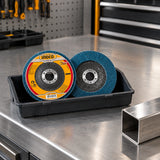 Ingco FDZ1151 blue P40 flap disc resting in an organised stainless-steel fabrication workshop