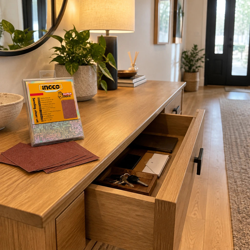 Finished wooden console drawer in an organised contemporary entryway with Ingco sanding sheets nearby