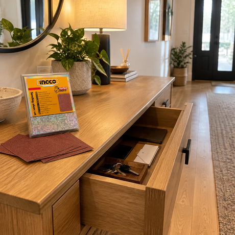 Finished wooden console drawer in an organised contemporary entryway with Ingco sanding sheets nearby