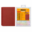Ingco 50-piece 145 x 114 mm sanding sheet set with red abrasive sheets and branded packaging on white background