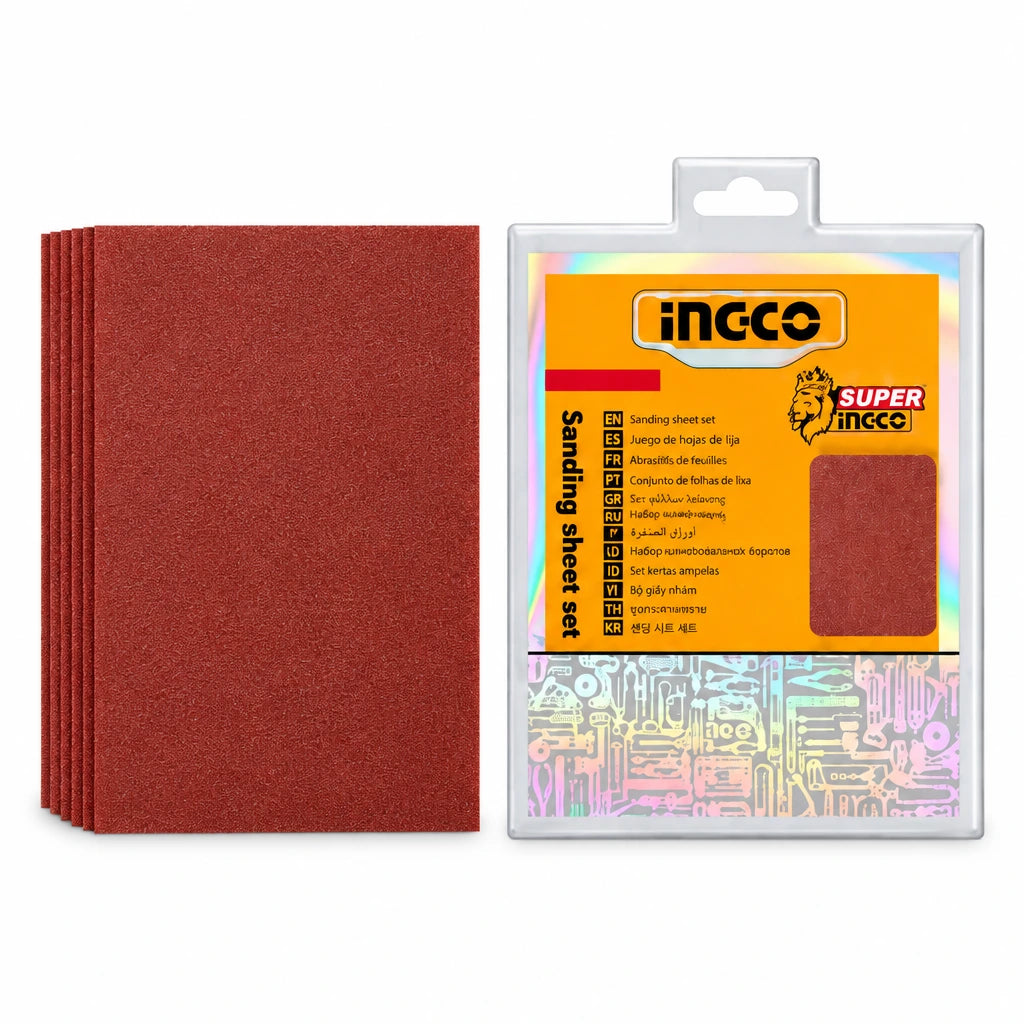 Ingco 50-piece 145 x 114 mm sanding sheet set with red abrasive sheets and branded packaging on white background