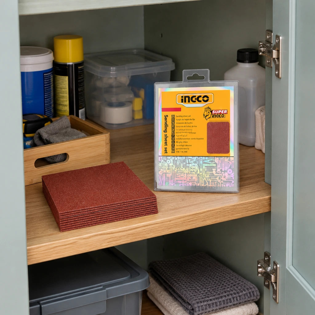 Ingco sanding sheet set stored on an organised shelf in a contemporary home utility cupboard