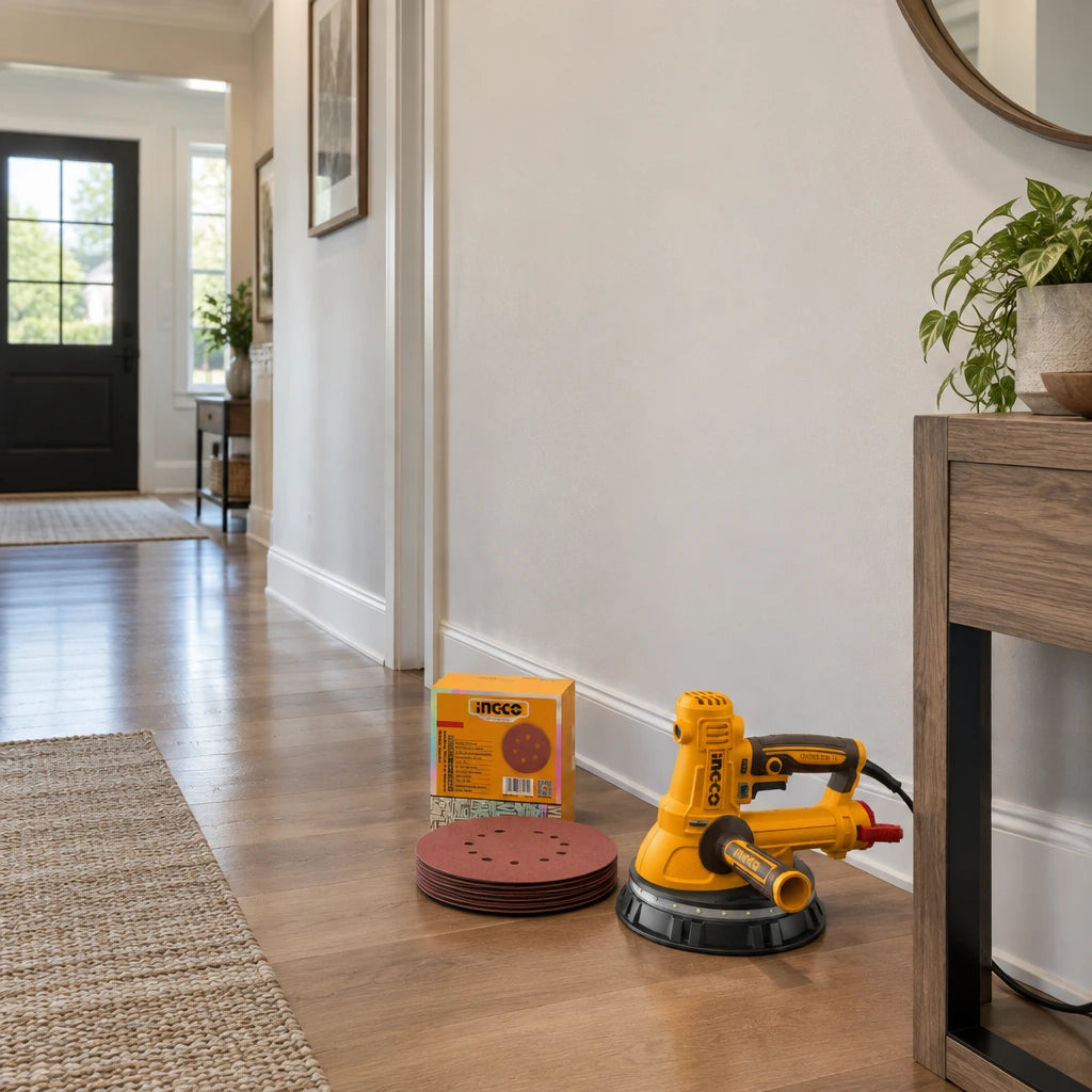 Paint-ready smooth wall in a contemporary entry hall with an inactive compatible sander and Ingco sanding discs nearby