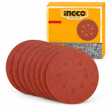 Ingco 180mm hook-and-loop sanding disc set with assorted abrasive discs and branded retail box on a white background