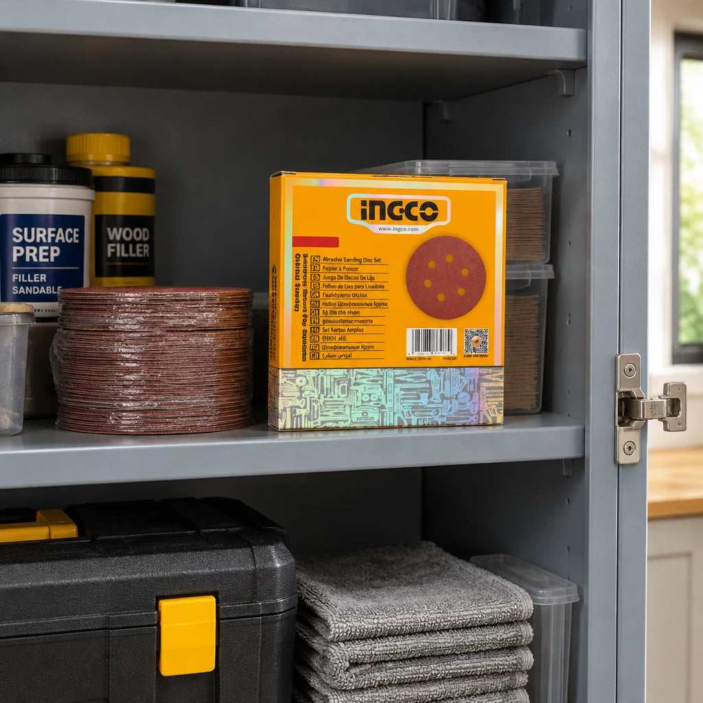 Boxed Ingco 180mm sanding disc set stored on an organized shelf in a contemporary renovation utility room