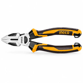 Ingco 6-inch Cr-V high-leverage combination pliers with serrated jaws and orange-black anti-slip handles on white background