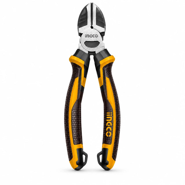 Ingco HHLDCP28168 6-inch Cr-V high-leverage diagonal pliers with black and yellow TPR handles on white