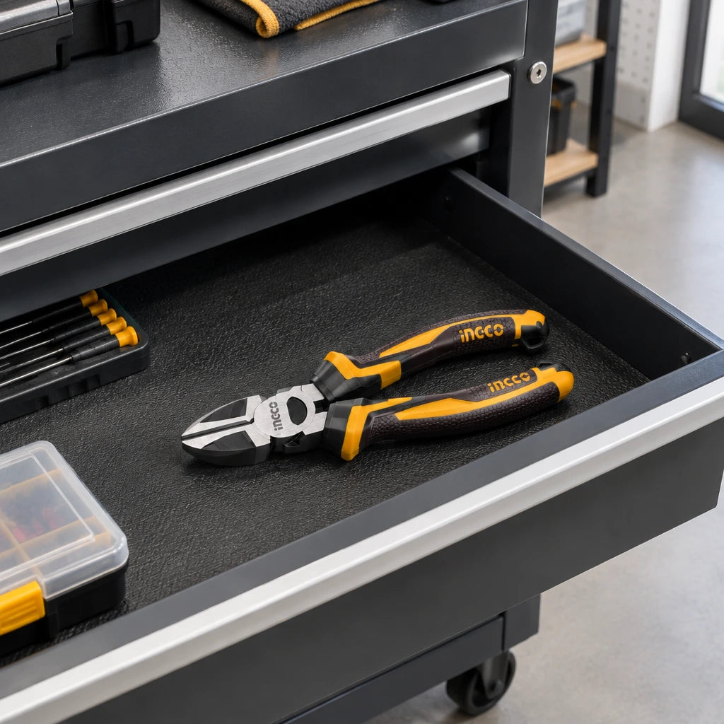 Ingco 6-inch diagonal pliers resting in an organised electrical maintenance cart drawer