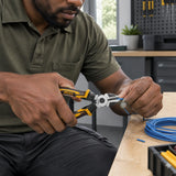 African American maintenance technician using Ingco HHLDCP28168 diagonal pliers to crimp a wire connection at a service bench