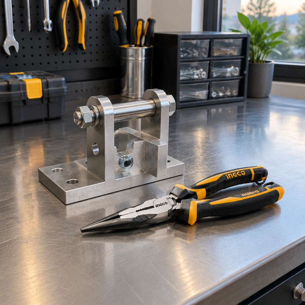 Completed small metal assembly aligned beside Ingco Cr-V long-nose pliers on a maintenance bench.