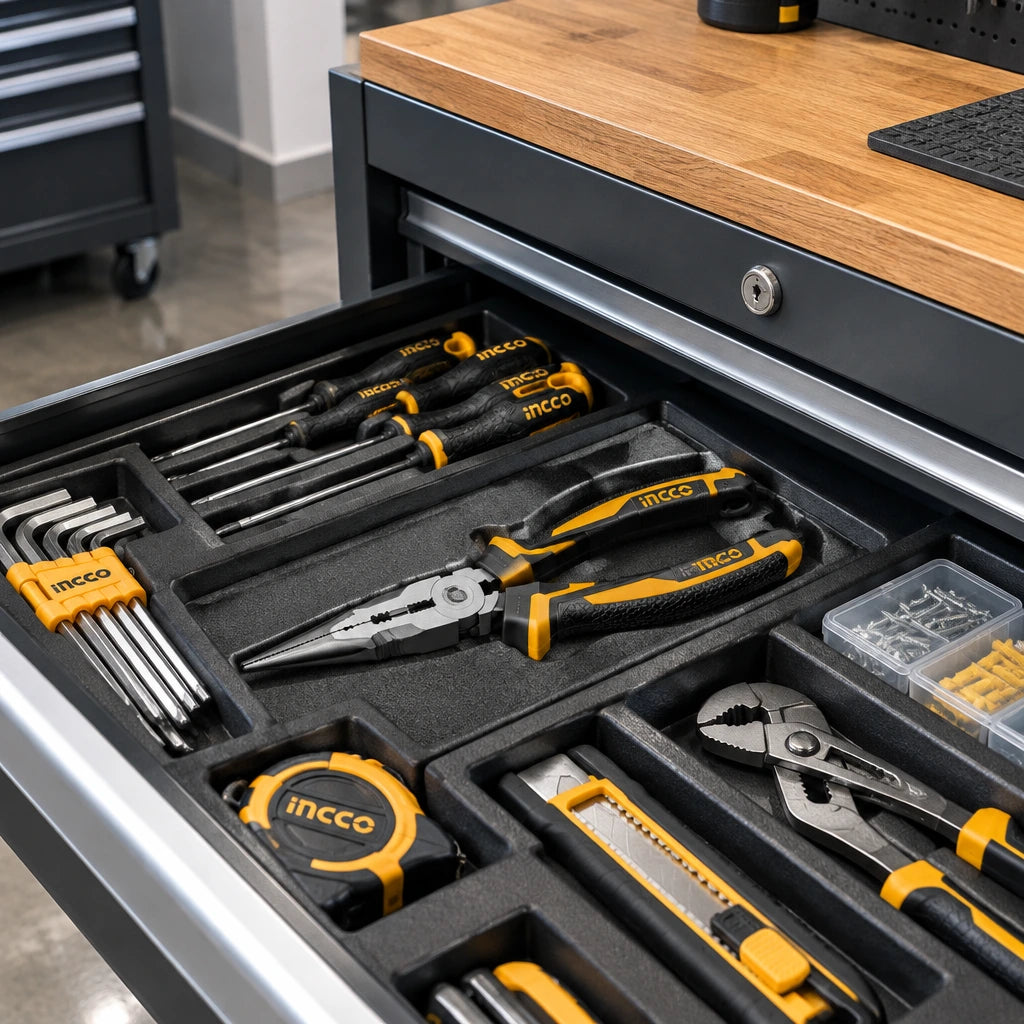 Ingco long-nose pliers stored in an organized professional maintenance tool cart.