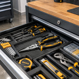 Ingco long-nose pliers stored in an organized professional maintenance tool cart.